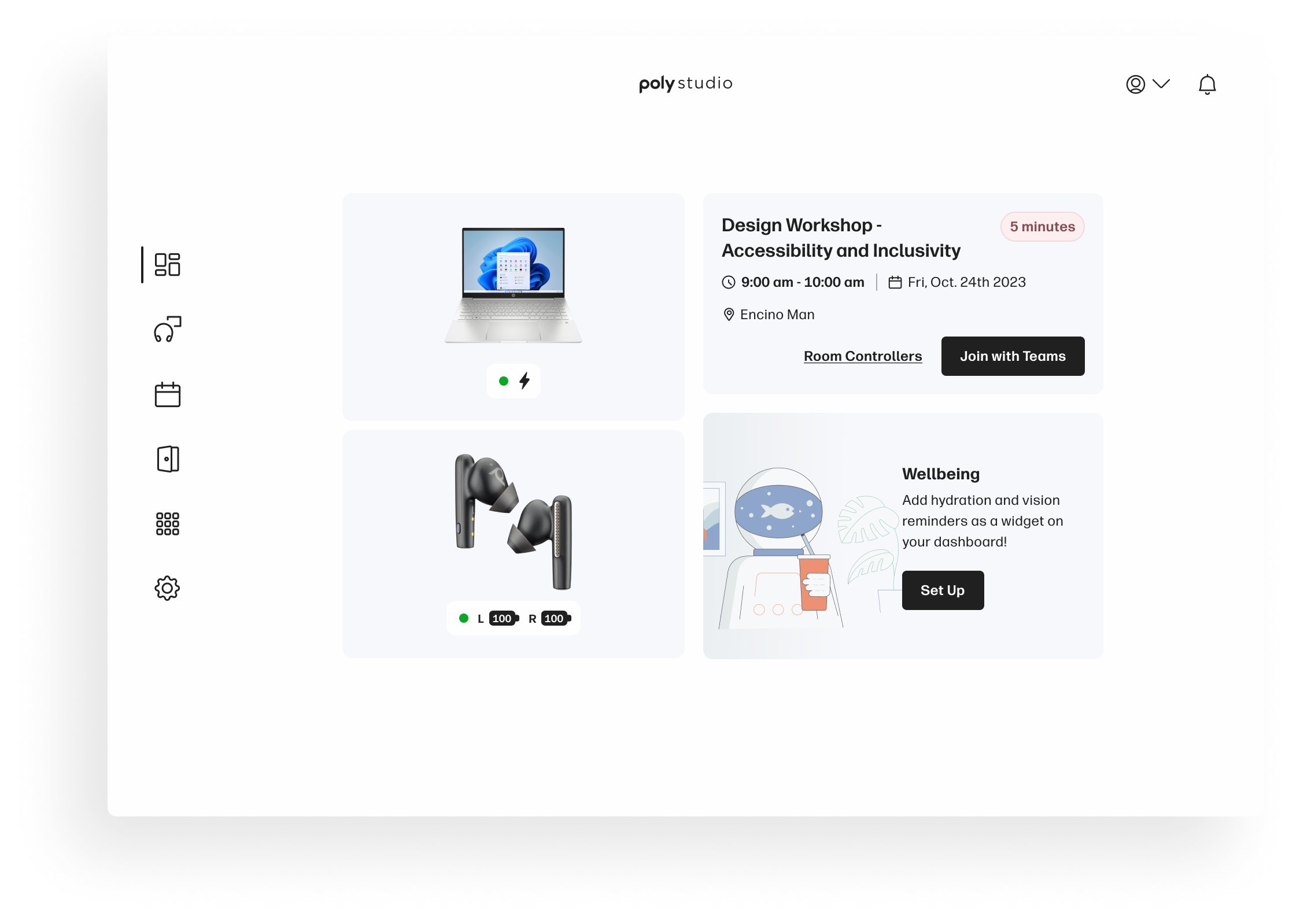 Poly Studio dashboard showing connected devices, upcoming meeting, and wellbeing widget
