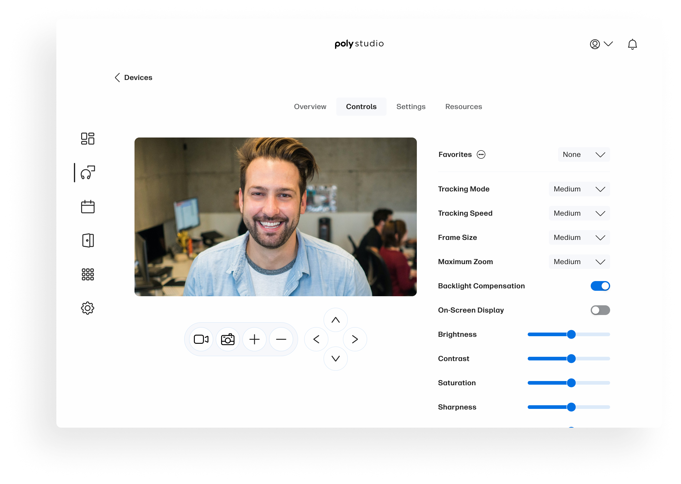 Poly Studio camera controls with live video feed and tracking settings