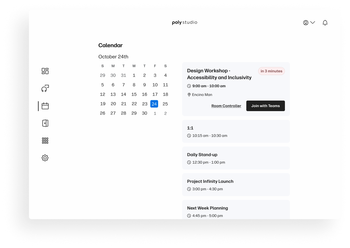 Poly Studio calendar view with meeting schedule and room controls
